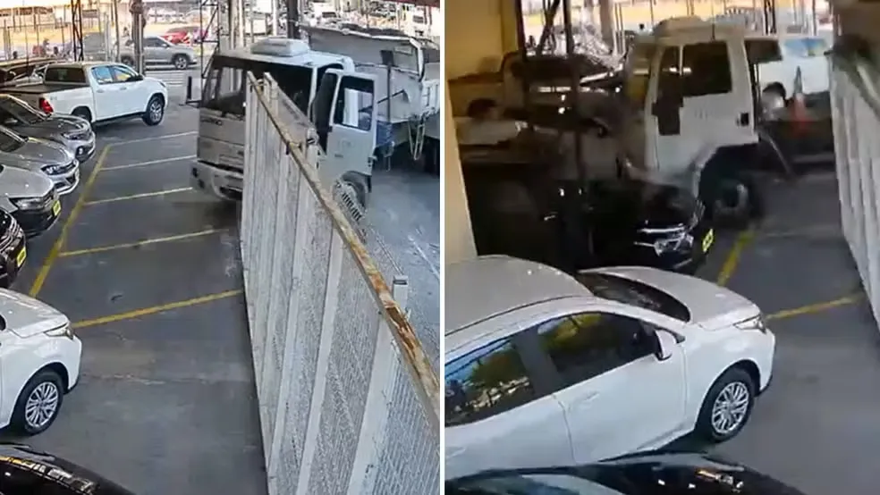 Motorista sem cinto é jogado para fora de caminhão em curva e veículo invade loja