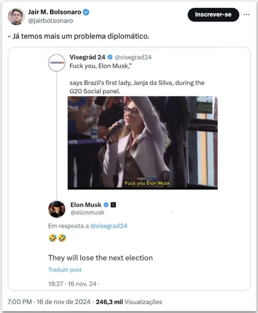 Janja xinga Elon Musk, que responde: 'Vão perder a próxima eleição'
