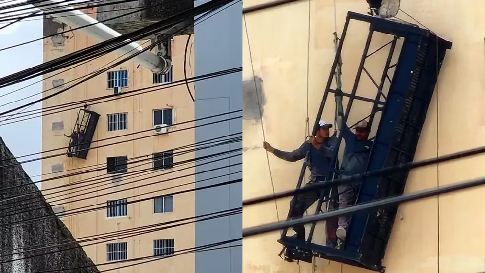 Trabalhadores ficam presos em andaime após cabo do equipamento romper, no Ceará