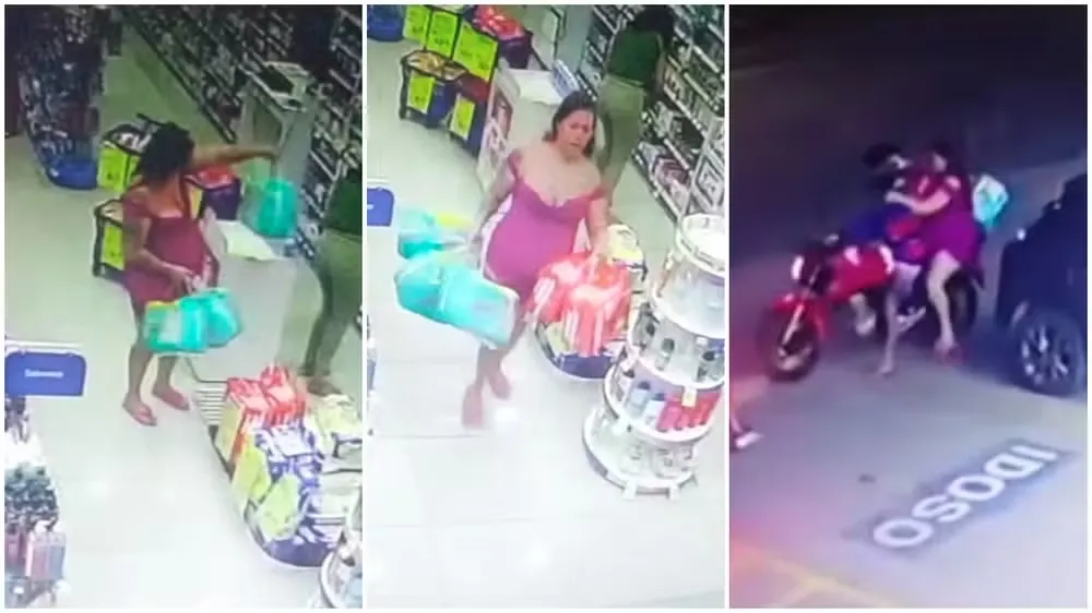 Mulher entra em farmácia de Fortaleza, furta mais de R$ 700 em fraldas e vai embora de moto