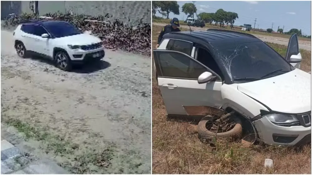 Carro usado pelos criminosos perdeu o controle e saiu da pista durante perseguição da PRF, em Horizonte. — Foto: Reprodução