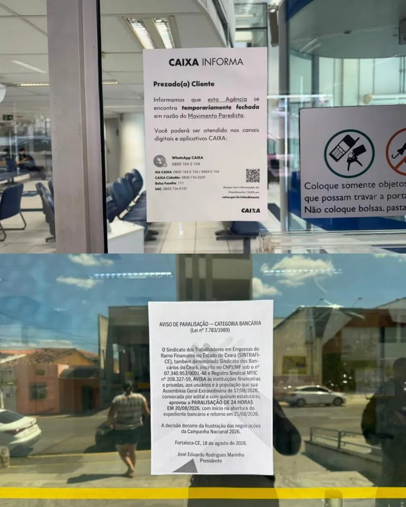 Agências do Banco do Brasil e da Caixa em Santa Quitéria aderem a paralisação nacional dos bancários